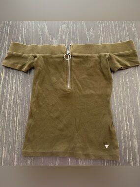 Guess Olive Ribbed Off-Shoulder Top with Silver Zip